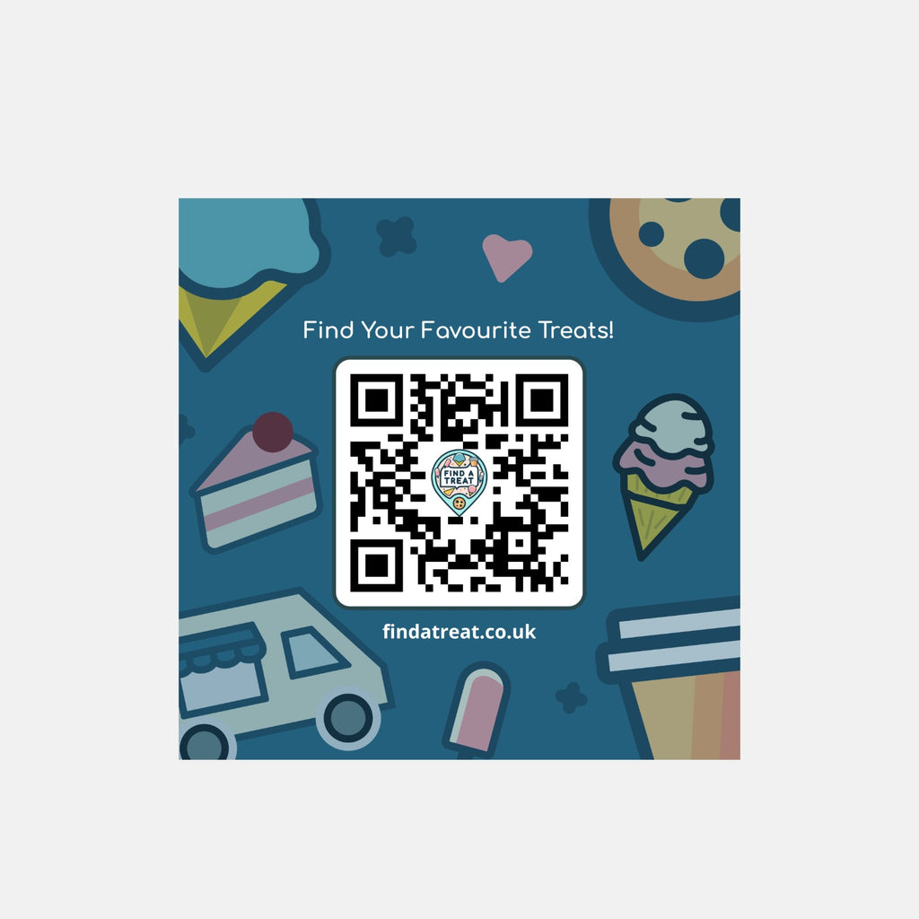 QR code on a blue background with colorful icons and text.