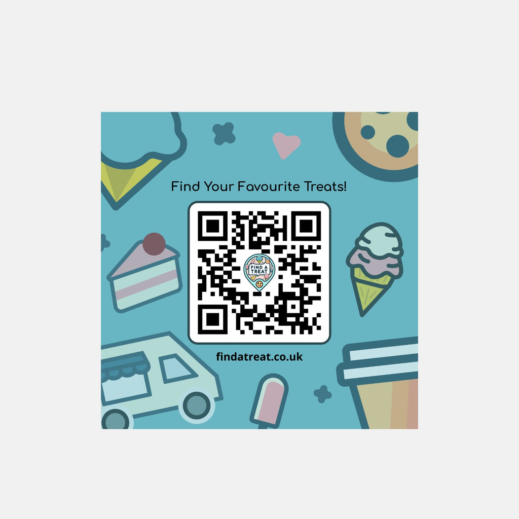 QR code on a blue background with food illustrations and text 'Find Your Favourite Treats!'.