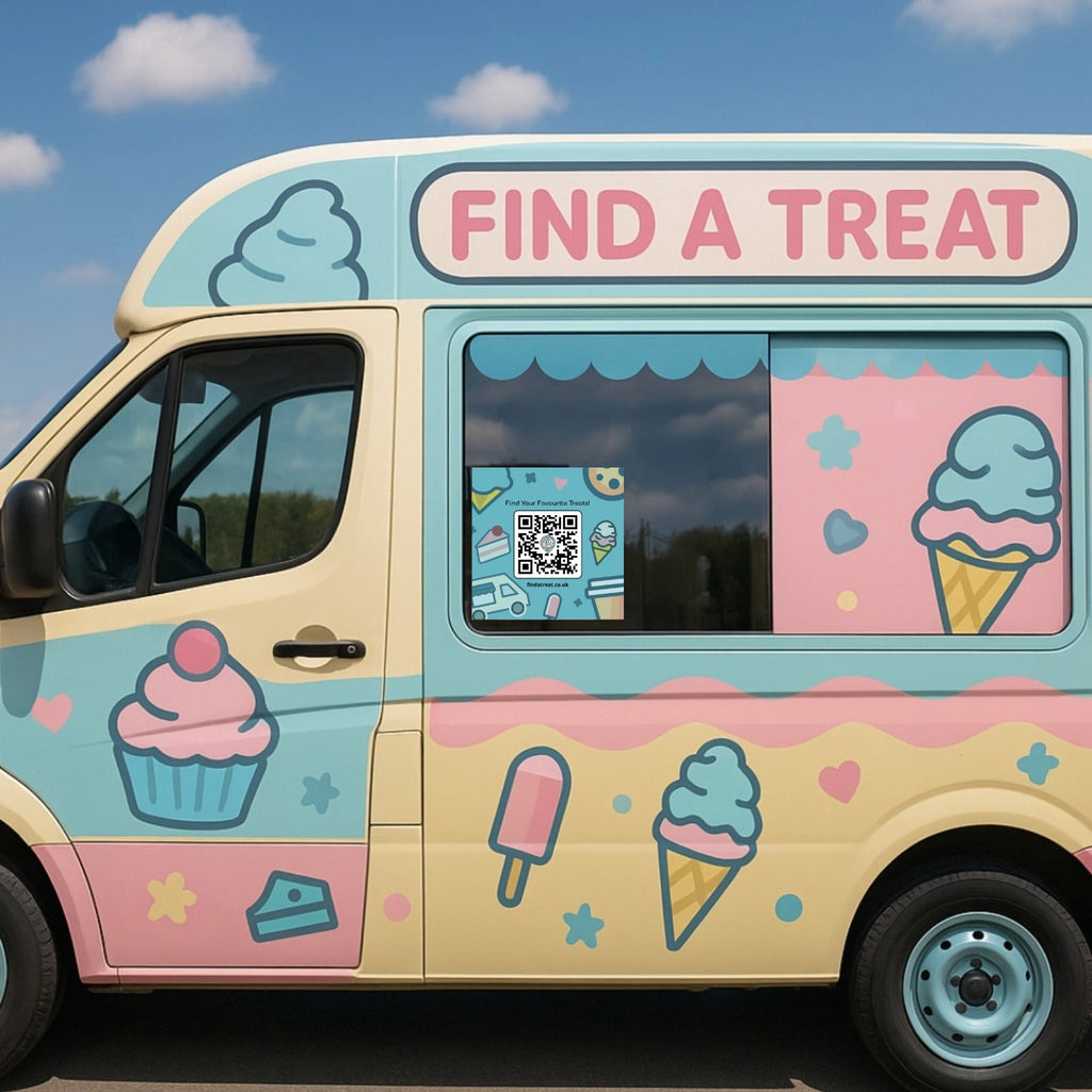 Colorful ice cream-themed van with 'Find a Treat' sign and ice cream graphics.