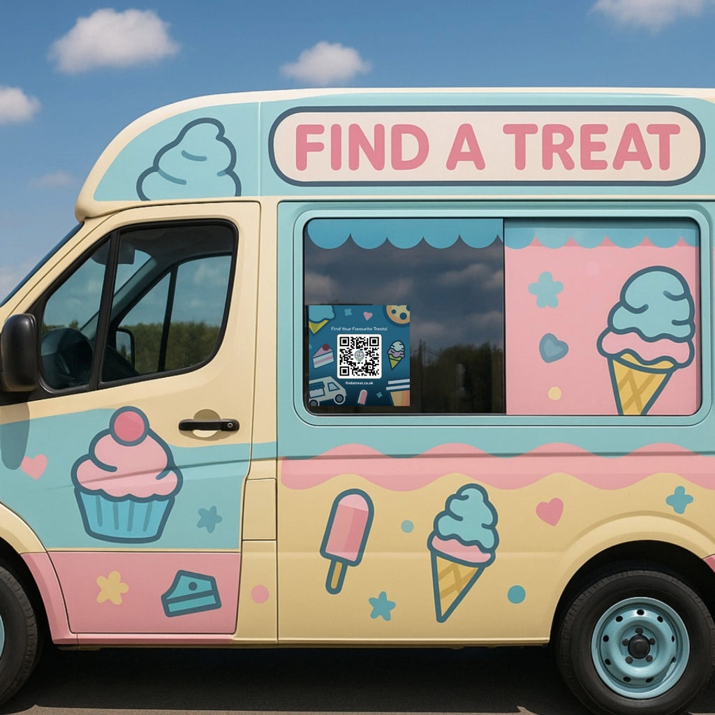 Ice cream-themed van with 'Find a Treat' sign and ice cream graphics.