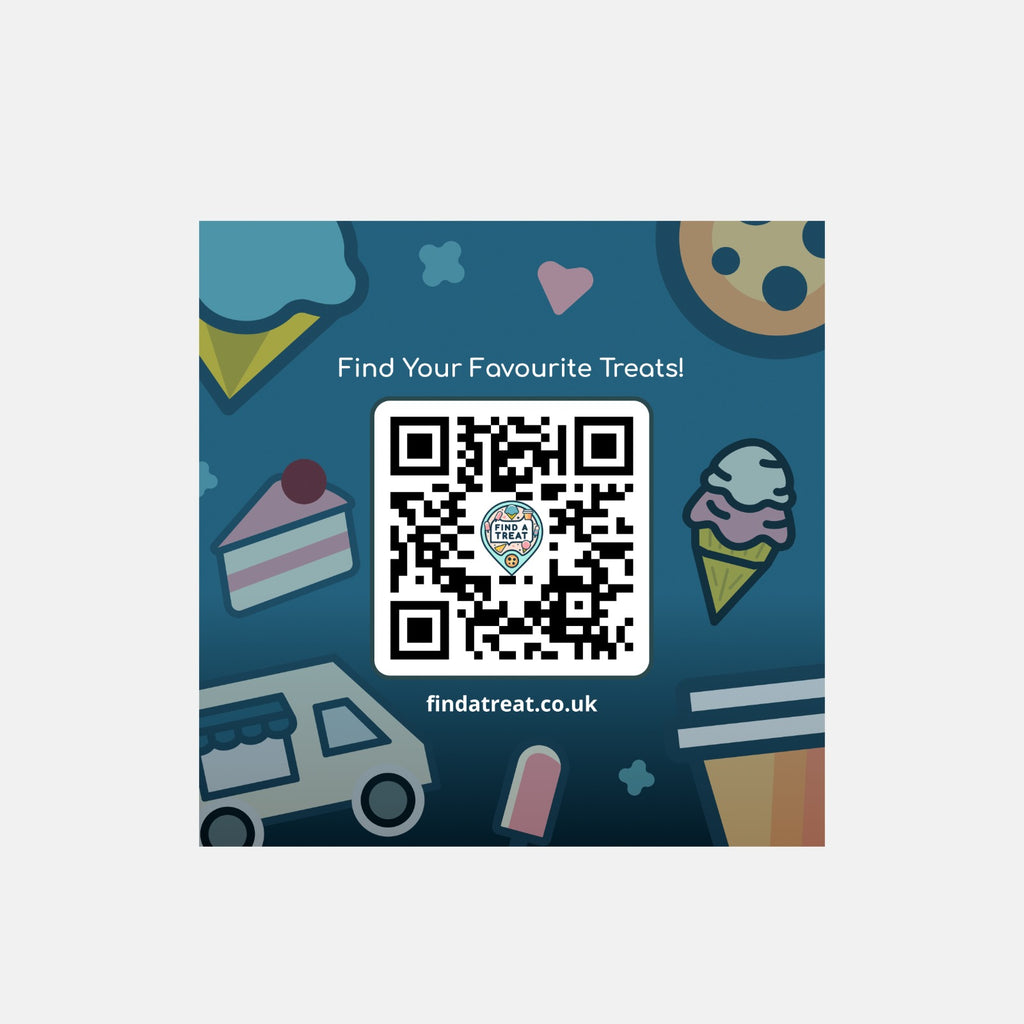 QR code on a blue background with colorful icons and text.