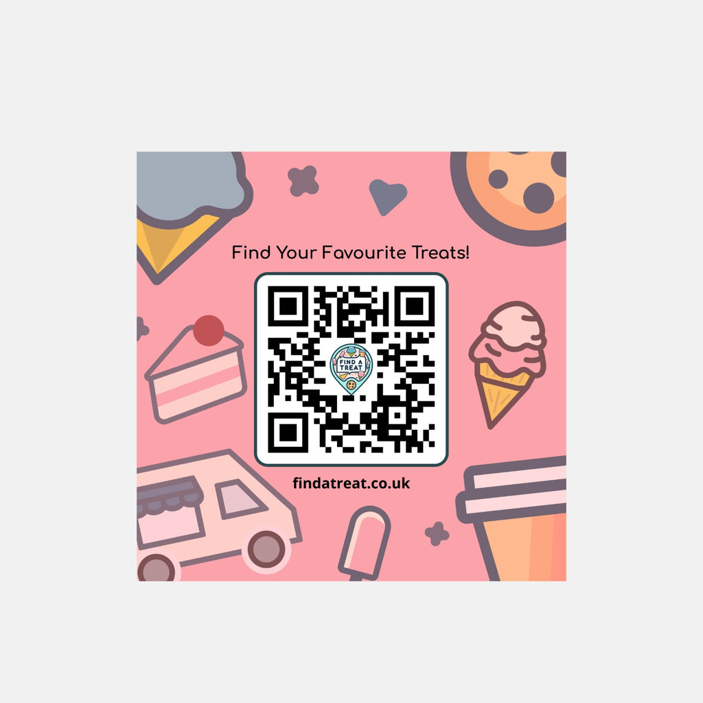 QR code on a pink background with cartoon food illustrations and a website URL.