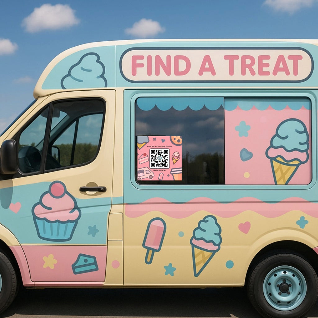 Colorful ice cream-themed van with 'Find a Treat' sign and ice cream graphics.