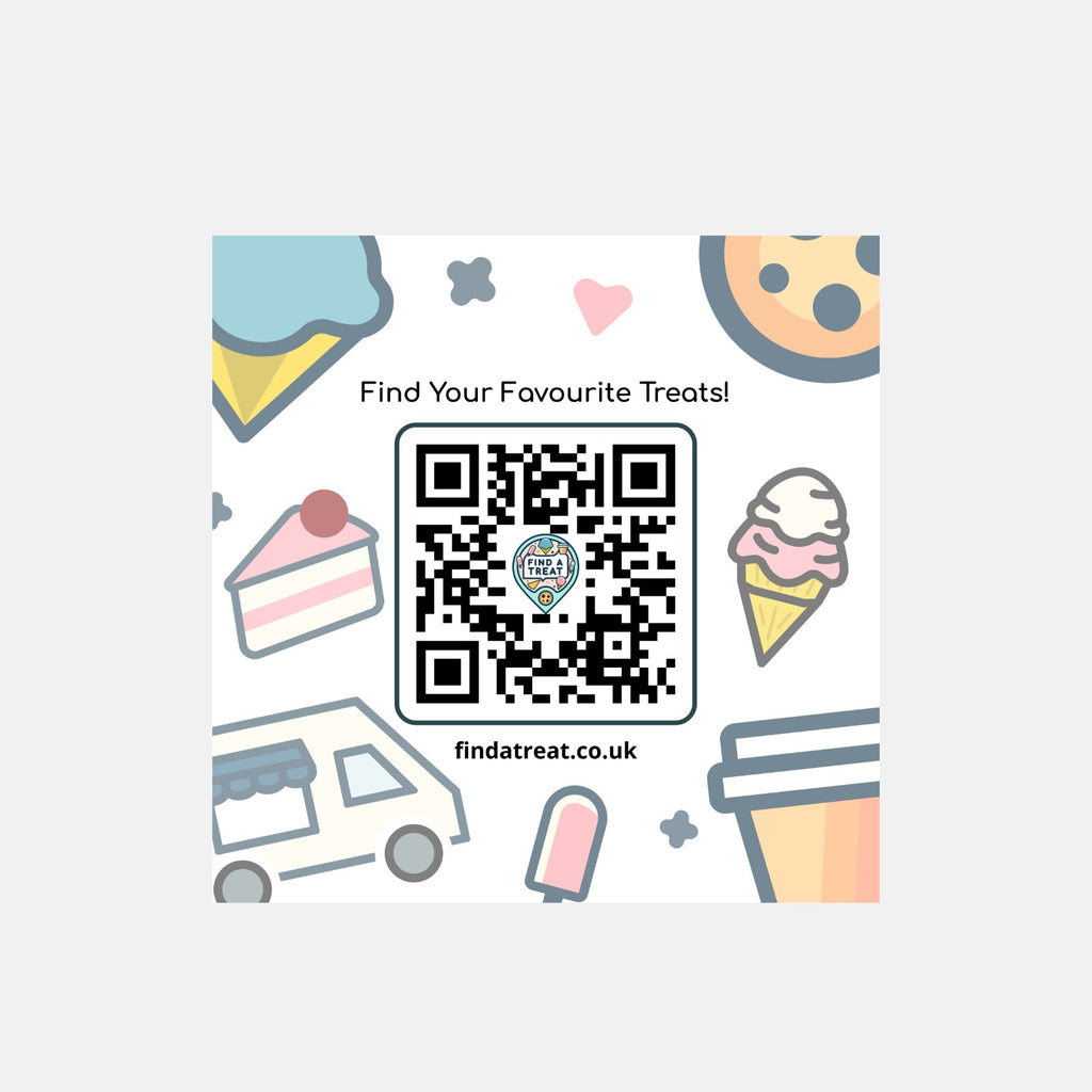 QR code with icons of treats and a website URL on a light gray background