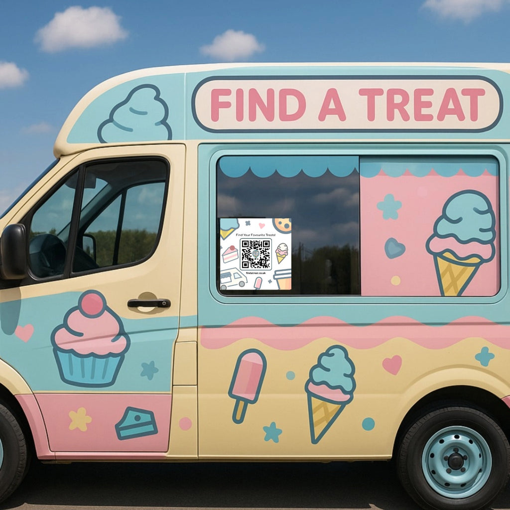 Ice cream-themed van with 'Find a Treat' sign and ice cream graphics.