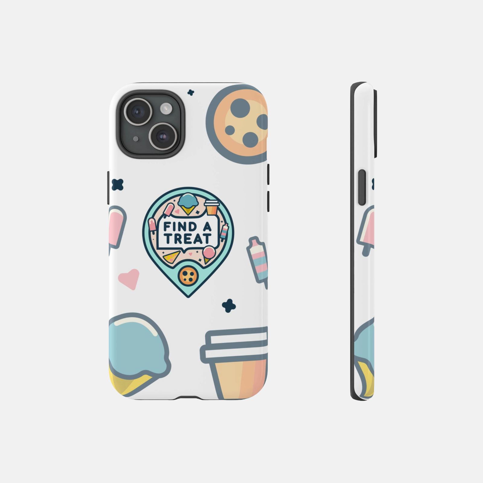 Phone case with colorful design and 'Find a Treat' text on a white background